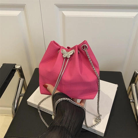 Mode Damen PU Leder Krokodilmuster Eimertasche Mit Schmetterlingsverschluss Künstliche Perle Kette Gurt Pendler Umhängetasche