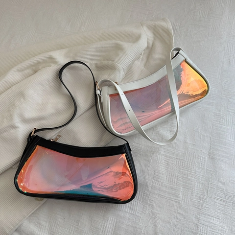 Vintage Women Fashion Holographic Transparent Shoulder Bag PU Leather Trim Chain Small Square Bag Y2K Crossbody Bag