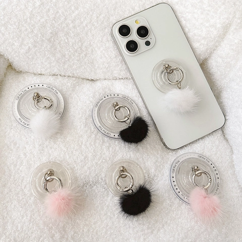 Support De Téléphone Anneau Avec Pompon En Fausse Fourrure Base Acrylique Transparente Support De Bureau Pour Femmes