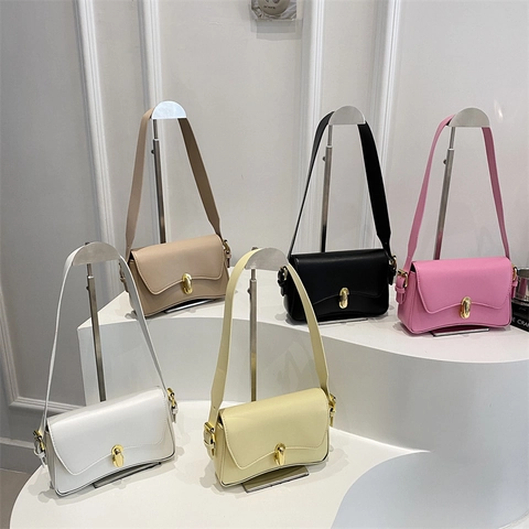 Women PU Leather Shoulder Underarm Bag Solid Color Small Square Bag Metal Lock Wide Strap Fashion
