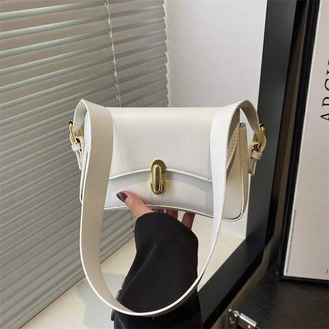 Women PU Leather Shoulder Underarm Bag Solid Color Small Square Bag Metal Lock Wide Strap Fashion