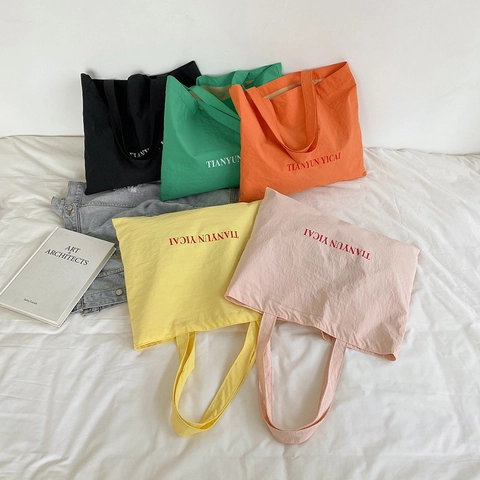 Women Crinkle Nylon Tote Bag Large Capacity Letter Print Casual Shoulder Bag Lightweight Handbag