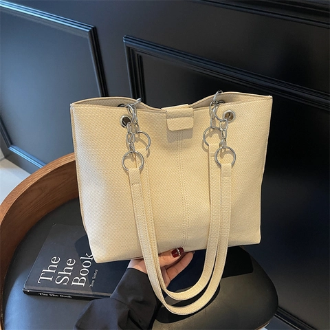 Grote Capaciteit Tote Bag Voor Vrouwen Minimalistische Canvas Onderarm Schoudertas Met Metalen Kettingring Decor Chic