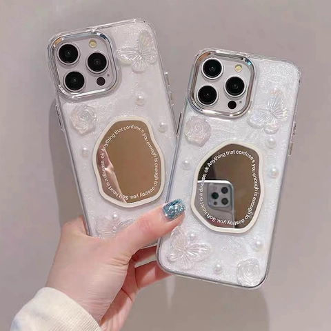 Shiny Glitter Artificial Pearl Phone Case With 3D Butterfly Rose And Makeup Mirror For iPhone Shockproof Protective Cover Sweet Style