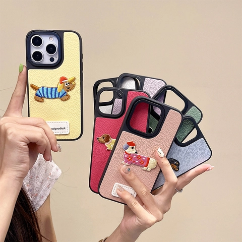 Leather Texture Phone Case Detailed Dachshund Dog Embroidery Soft TPU Shockproof Protective Cover Cute Cartoon Fashion
