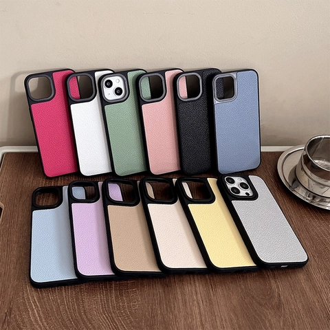 Solid Color Lychee Grain Leather TPU Phone Case Compatible With High End Phone Models Shockproof Luxury Protective Cover