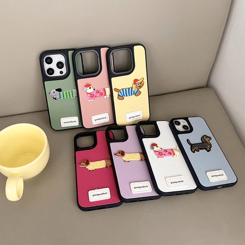 Leather Texture Phone Case Detailed Dachshund Dog Embroidery Soft TPU Shockproof Protective Cover Cute Cartoon Fashion