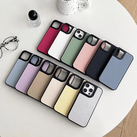Solid Color Lychee Grain Leather TPU Phone Case Compatible With High End Phone Models Shockproof Luxury Protective Cover