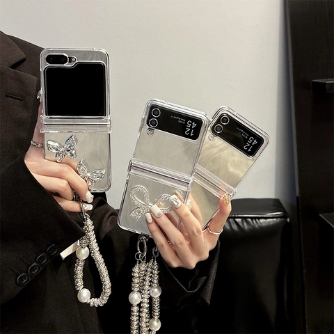 Luxury Foldable Phone Case With Long Imitation Artificial Pearl Chain Strap Rhinestone Butterfly Bowknot Design Protective Cover