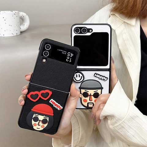 Funda de Teléfono Plegable de Grano Cruzado Con Personaje de Dibujos Animados 3D Gafas de Sol Happy Funda Protectora de Cuero PU para Dispositivos Flip Fold