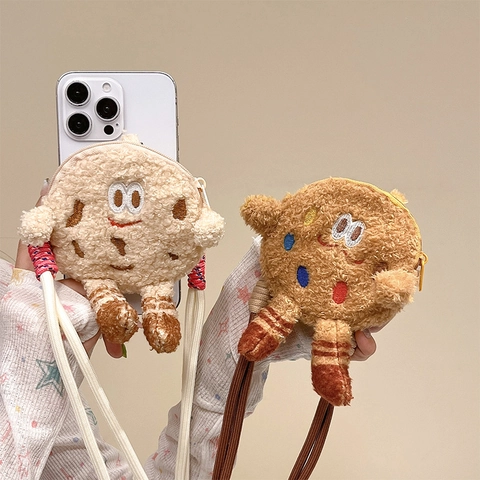 Cordino Per Telefono In Peluche Forma Biscotto Con Mini Portamonete Tracolla Cartone Animato Corda Nylon Clip Decorativo