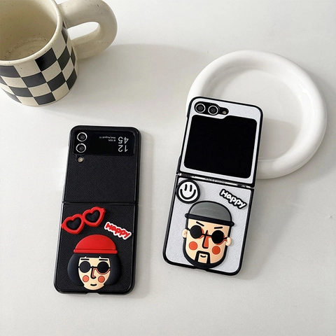 Funda de Teléfono Plegable de Grano Cruzado Con Personaje de Dibujos Animados 3D Gafas de Sol Happy Funda Protectora de Cuero PU para Dispositivos Flip Fold