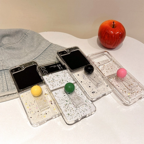 Foldable Phone Case Transparent Glitter Sequin Foil Heart Ball Ring Grip Kickstand Pc Hard Cover Anti Slip Women Accessory