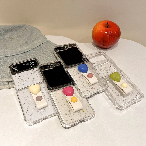 Folding Phone Case Transparent PC Silver Glitter Foil With Heart Leather Wrist Strap 360 Rotating Finger Ring Stand Cover