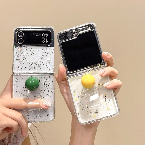 Foldable Phone Case Transparent Glitter Sequin Foil Heart Ball Ring Grip Kickstand Pc Hard Cover Anti Slip Women Accessory