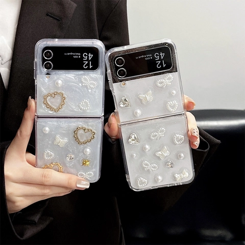 Artificial Pearl Bowknot Heart Glitter Phone Case For Folding Screen Smartphones TPU Elegant Sweet Lady Style Accessories