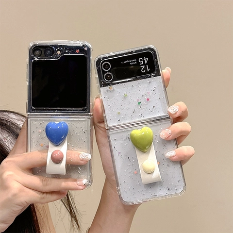 Folding Phone Case Transparent PC Silver Glitter Foil With Heart Leather Wrist Strap 360 Rotating Finger Ring Stand Cover