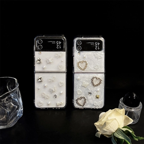 Artificial Pearl Bowknot Heart Glitter Phone Case For Folding Screen Smartphones TPU Elegant Sweet Lady Style Accessories