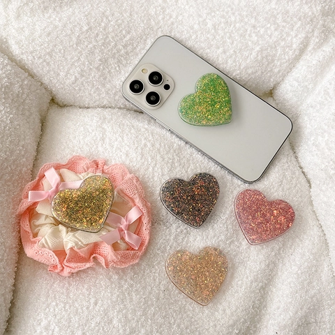 Supporto Per Impugnatura Telefono Cuore Glitter Paillettes Retrattile Pieghevole Supporto Da Tavolo Adesivo Plastica