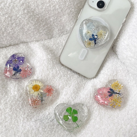 Herzform Handy Halterung Transparentes Harz Mit Echten Getrockneten Blumen Und Silberfolie Ausziehbarer Griptok Ästhetisch