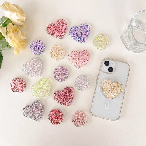 Glitter Sequins Heart Round Airbag Phone Holder Portable Desktop Retractable Adhesive Griptok Stand For Smartphone