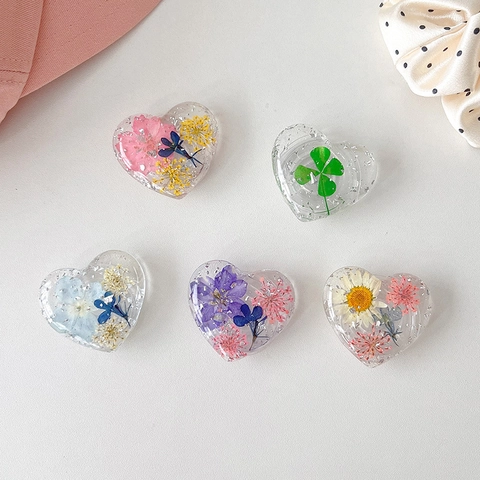 Herzform Handy Halterung Transparentes Harz Mit Echten Getrockneten Blumen Und Silberfolie Ausziehbarer Griptok Ästhetisch