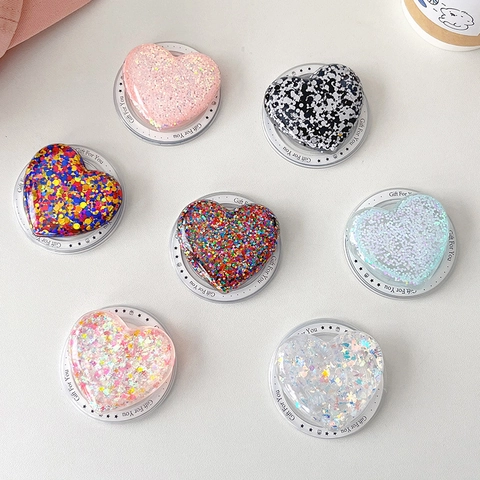 Heart Phone Grip Magnetic Phone Stand Heart Shape Glitter Sequin Expanding Desktop Holder For Women Girls