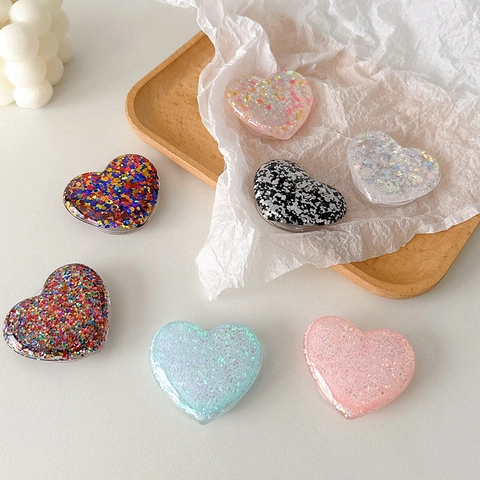Heart Shaped Expanding Phone Stand Glitter Sequin Folding Sticky Hand Grip Desktop Bracket Accessory For Girls