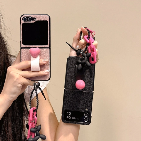 Folding Phone Case Leather Texture Heart Ring Grip Balloon Dog Puppy Pendant Resin Chain Wristlet Shockproof