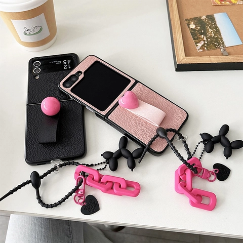 Folding Phone Case Leather Texture Heart Ring Grip Balloon Dog Puppy Pendant Resin Chain Wristlet Shockproof