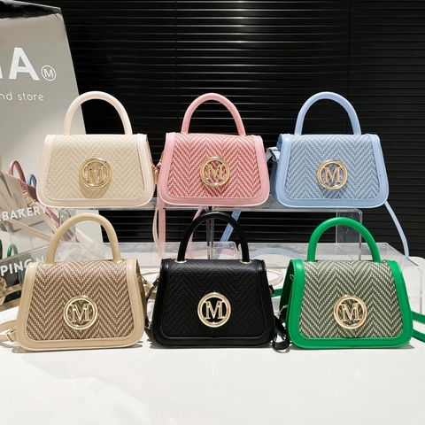 Borsa A Tracolla Retrò Donna Pelle PU Trama Intrecciata Logo M Metallo Manico Superiore Borsa Quadrata