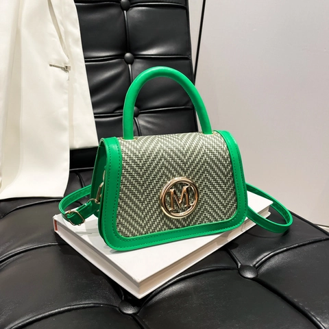 Elegante Gewebte Patchwork Umhängetasche Für Damen Retro PU Leder Handtasche Mit Goldenem M Metall Logo Henkel Schultertasche