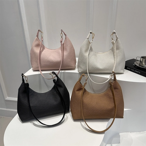 Bolso Bandolera para Mujer de Cuero PU Casual Moda de Verano Bolso Hobo Minimalista con Textura de Sarga Grabada Color Sólido