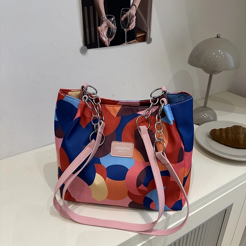 Große Kapazität Damen Tote Schultertasche Nylon Polyester Abstrakter Geometrischer Druck Modisch Pendler Kettengurt