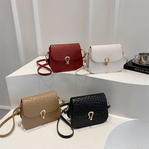 Women Crossbody Bag Woven Texture PU Leather Small Square Shoulder Bag Retro Flap Lock Solid Color Urban Simple Elegant