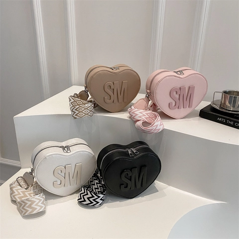 Heart Shaped Crossbody Bag PU Leather Wide Woven Strap Wave Pattern Letter Decoration Chic Trendy For Women Girls