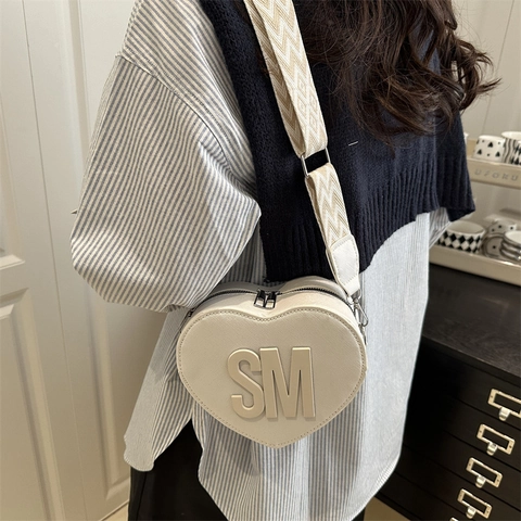 Heart Shaped Crossbody Bag PU Leather Wide Woven Strap Wave Pattern Letter Decoration Chic Trendy For Women Girls