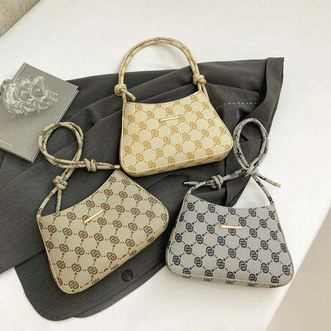 Vintage Monogram Print Hobo Bag Women PU Leather Underarm Shoulder Handbag With Knot Handle And Gold Metal Decoration