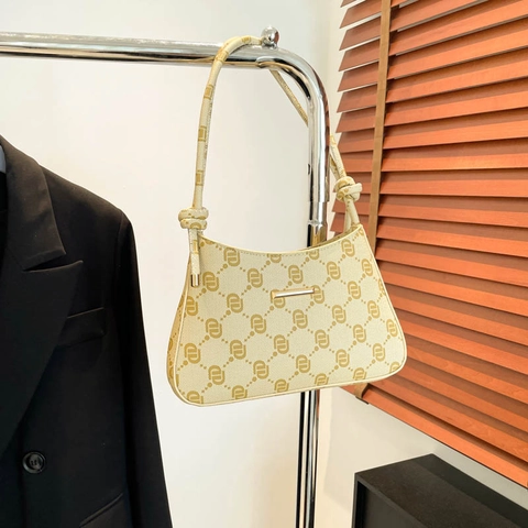 Vintage Monogram Print Hobo Bag Women PU Leather Underarm Shoulder Handbag With Knot Handle And Gold Metal Decoration