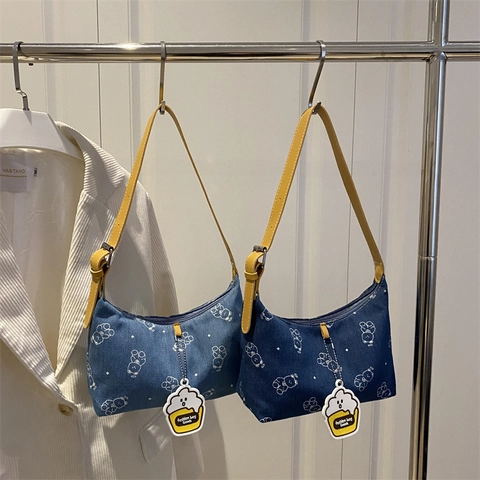 Sac Hobo En Jean Femme Imprimé Ours Dessin Animé Sac Bandoulière Sous L'aisselle Avec Bandoulière En Simili Cuir Charm