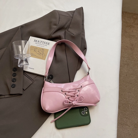 Bolso De Axila Para Mujer Cuero De PU Moda Cordones Lazo Decoración Baguette Bolso De Hombro Tendencia Y2K Urbano Minimalista
