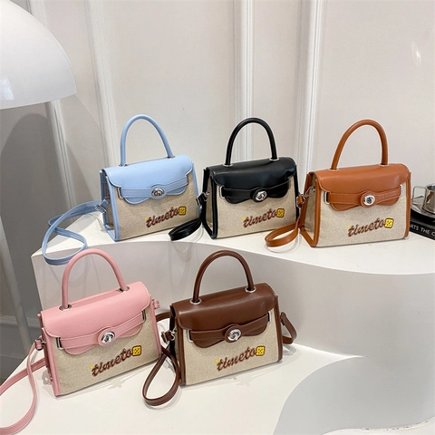 Bolso Bandolera Mujer Lona Cuero Sintético Color En Contraste Bordado Letras Cierre Giratorio Bolso De Mano Casual