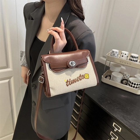 Bolso Bandolera Mujer Lona Cuero Sintético Color En Contraste Bordado Letras Cierre Giratorio Bolso De Mano Casual