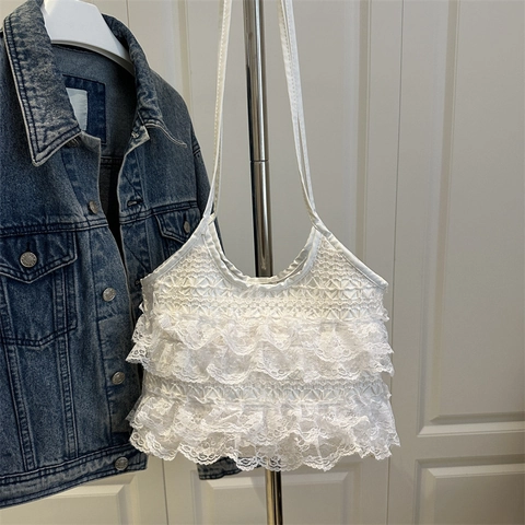 Sac Fourre-Tout En Dentelle Blanche Pour Femme Volants Multi-Couches Français Élégant Romantique Sac À Main Épaule