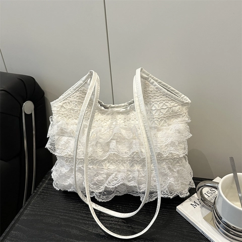 Sac Fourre-Tout En Dentelle Blanche Pour Femme Volants Multi-Couches Français Élégant Romantique Sac À Main Épaule