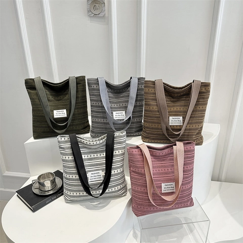 Large Capacity Striped Canvas Tote Bag For Women Woven Fashion Shoulder Bag Casual Shopping Handbag Daily Commuting Purse