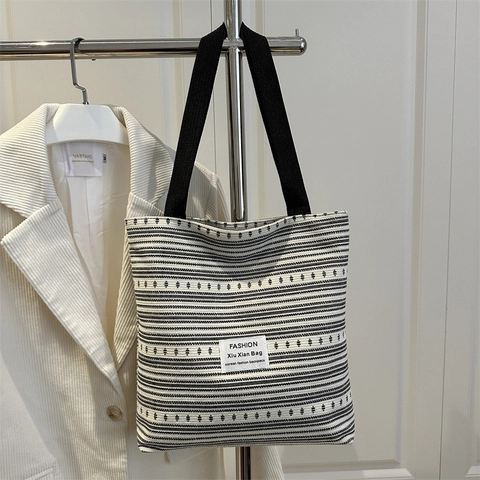 Large Capacity Tote Bag Striped Knitted Canvas Casual Daily Shoulder Bag For Women