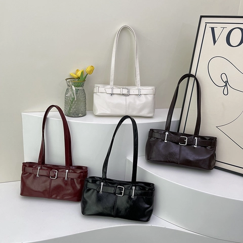 Borsa Sottobraccio Donna Pelle PU Lucida Borsa A Spalla Retrò Minimalista Borsa A Mano Fibbia Argento Cintura Decorativa Elegante
