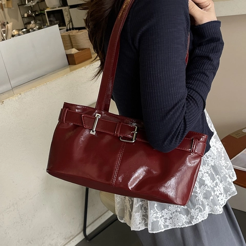 Bolso De Hombro Retro Minimalista De Cuero PU Para Mujer Con Hebilla Metálica Bolso De Axila Color Sólido