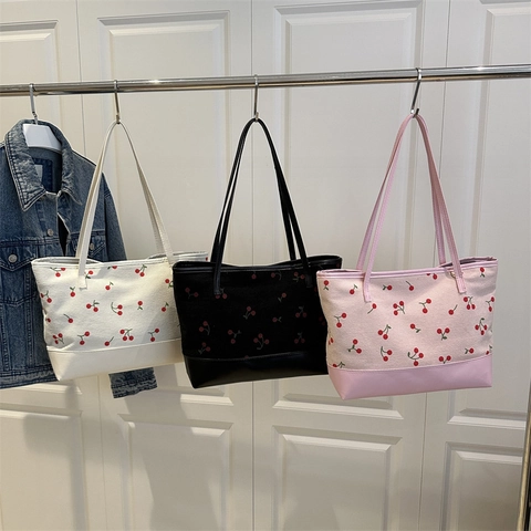 Cherry Print Tote Bag Canvas Corduroy PU Leather Stitching Large Capacity Casual Shoulder Bag Women Commuter